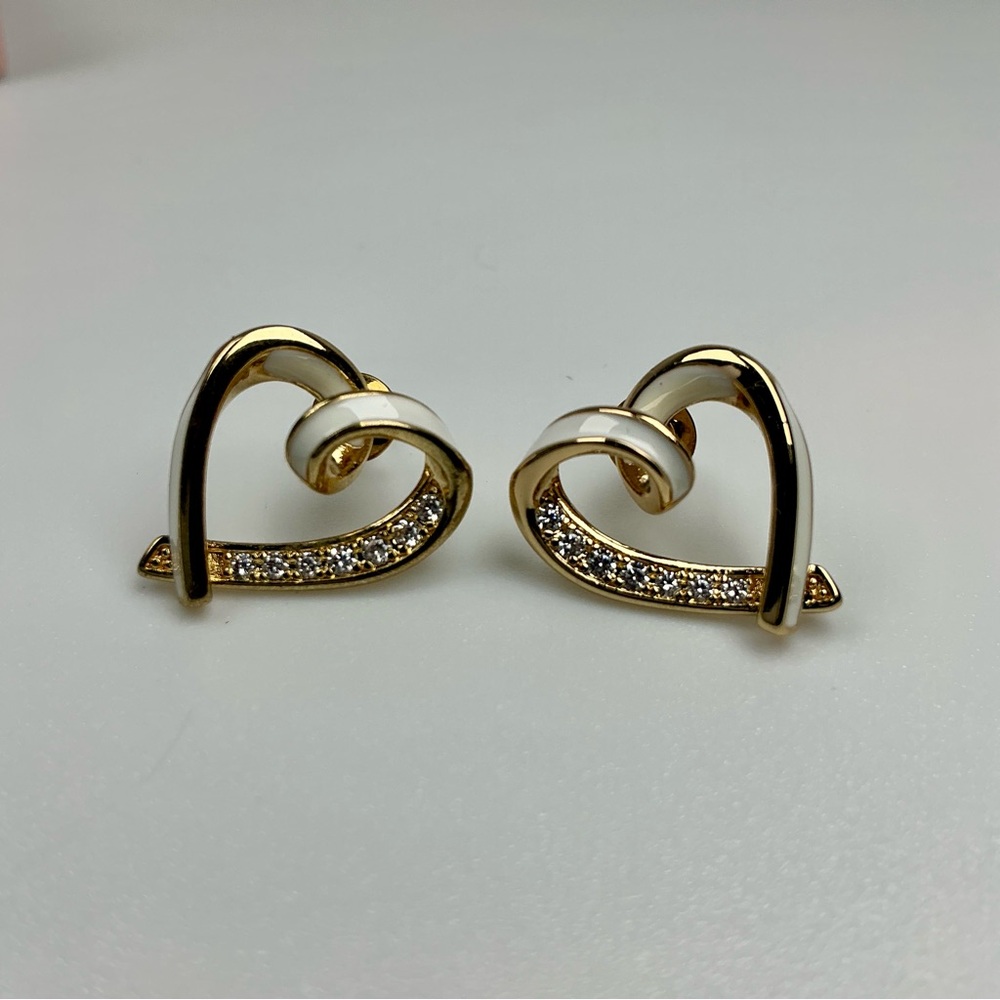 Gold Heart Earrings White Enamel CZ Heart Stud Earrings Romantic Love Jewelry